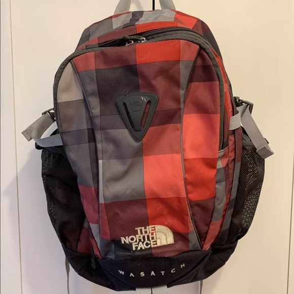 The North Face Handbags - The North Face Wasatch Red, Gray and Black Flannel Print Backpack.